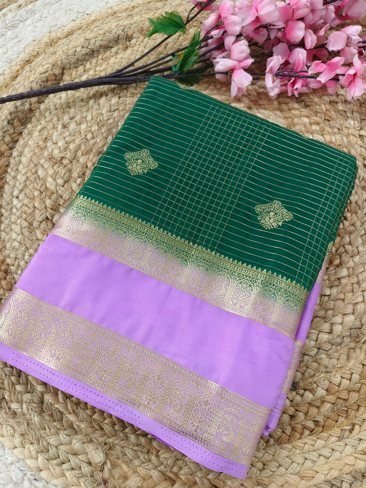 Green with light blue semi Mysore silk saree