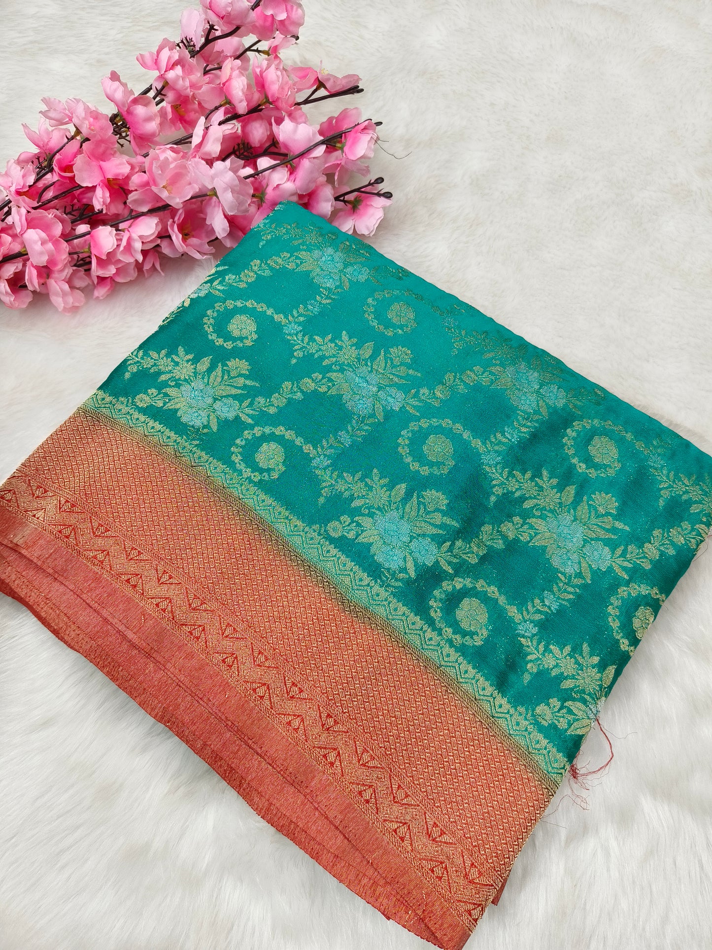 Green with red pure georgette silk saree