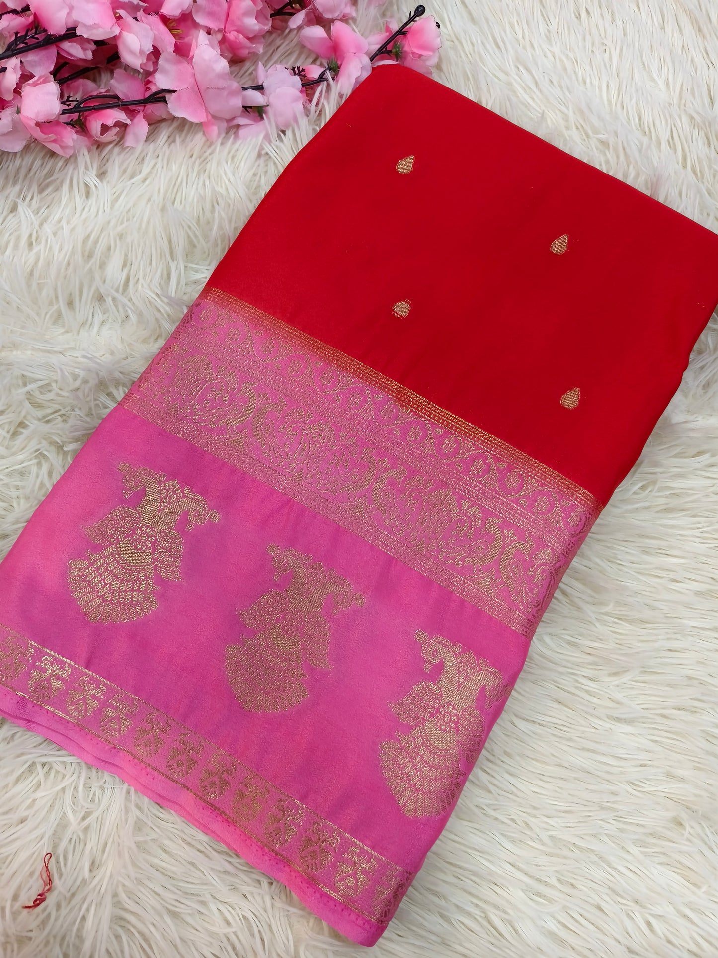 DN-5 Red With Pink Semi Mysore crepe silk saree