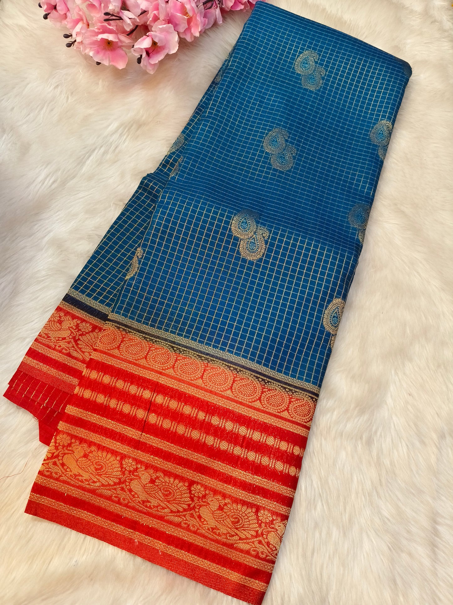 Blue with Red semi Mysore silk saree