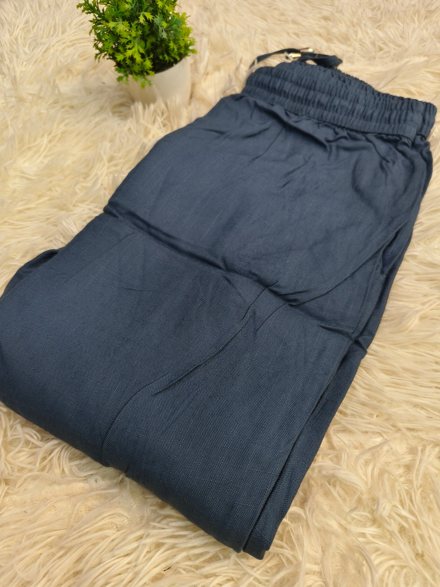 Blue Blended linen rayon straight pants