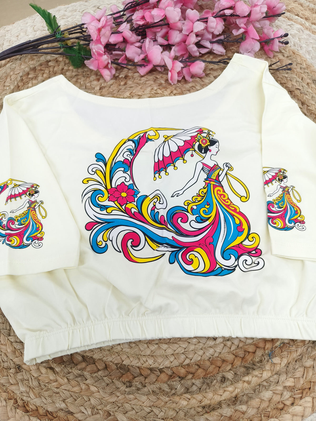 Cream Stretchable blouses printed design