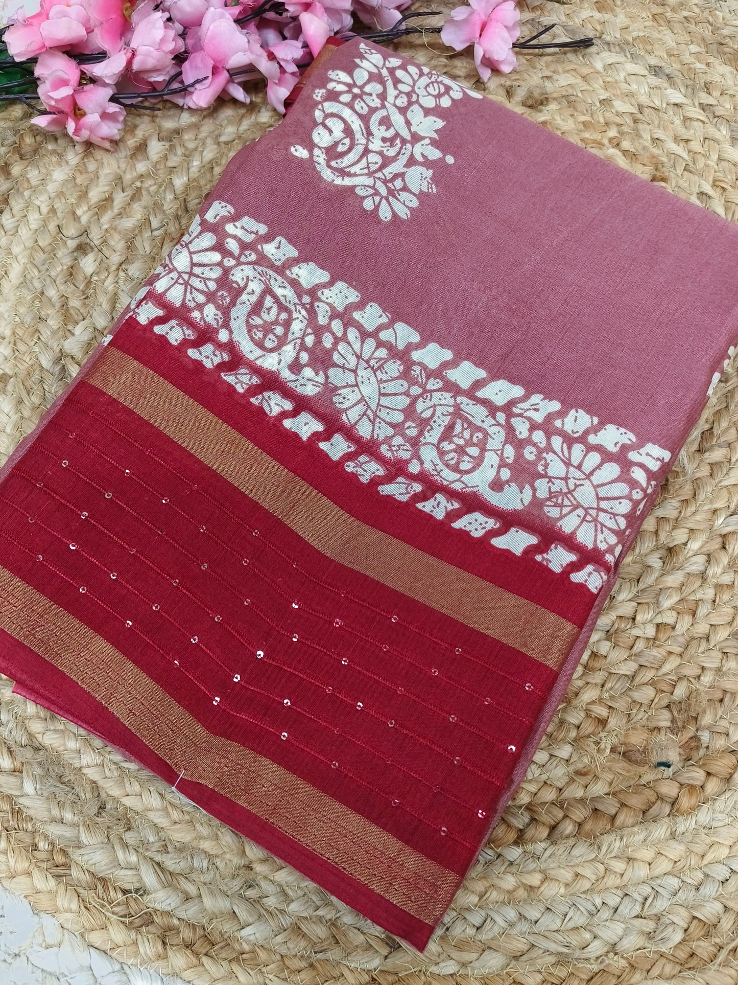 Rose pink with Red sequence saree