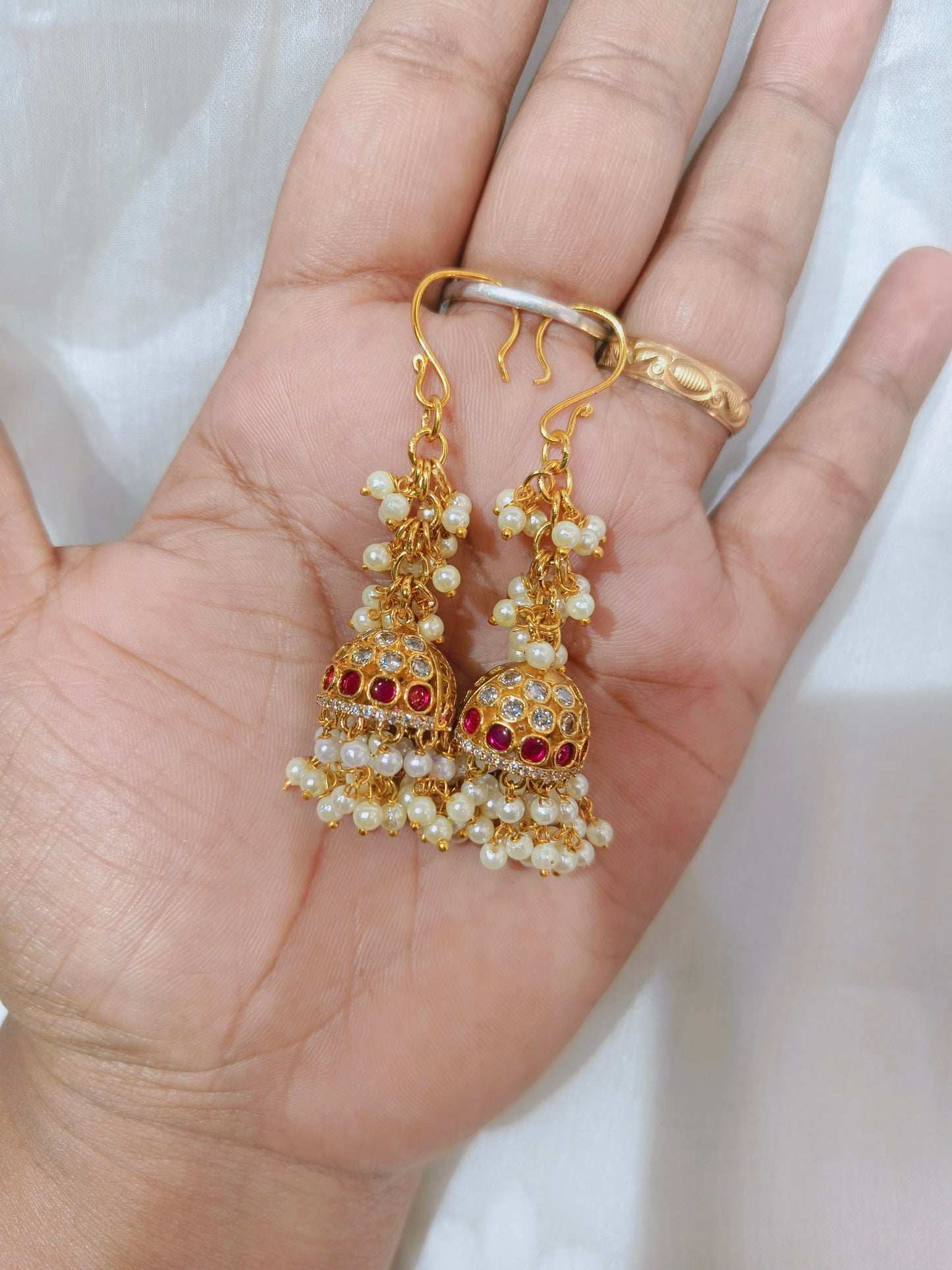 Antique pearl beads with Multi stone Hook jhumka