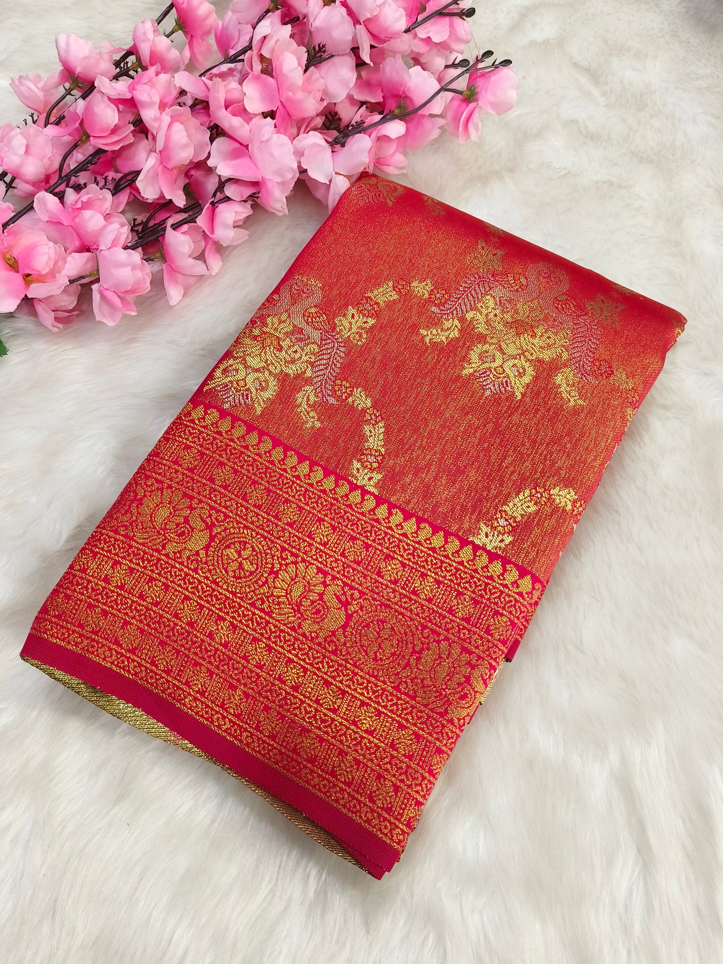 Red semi bridal tissues silk saree