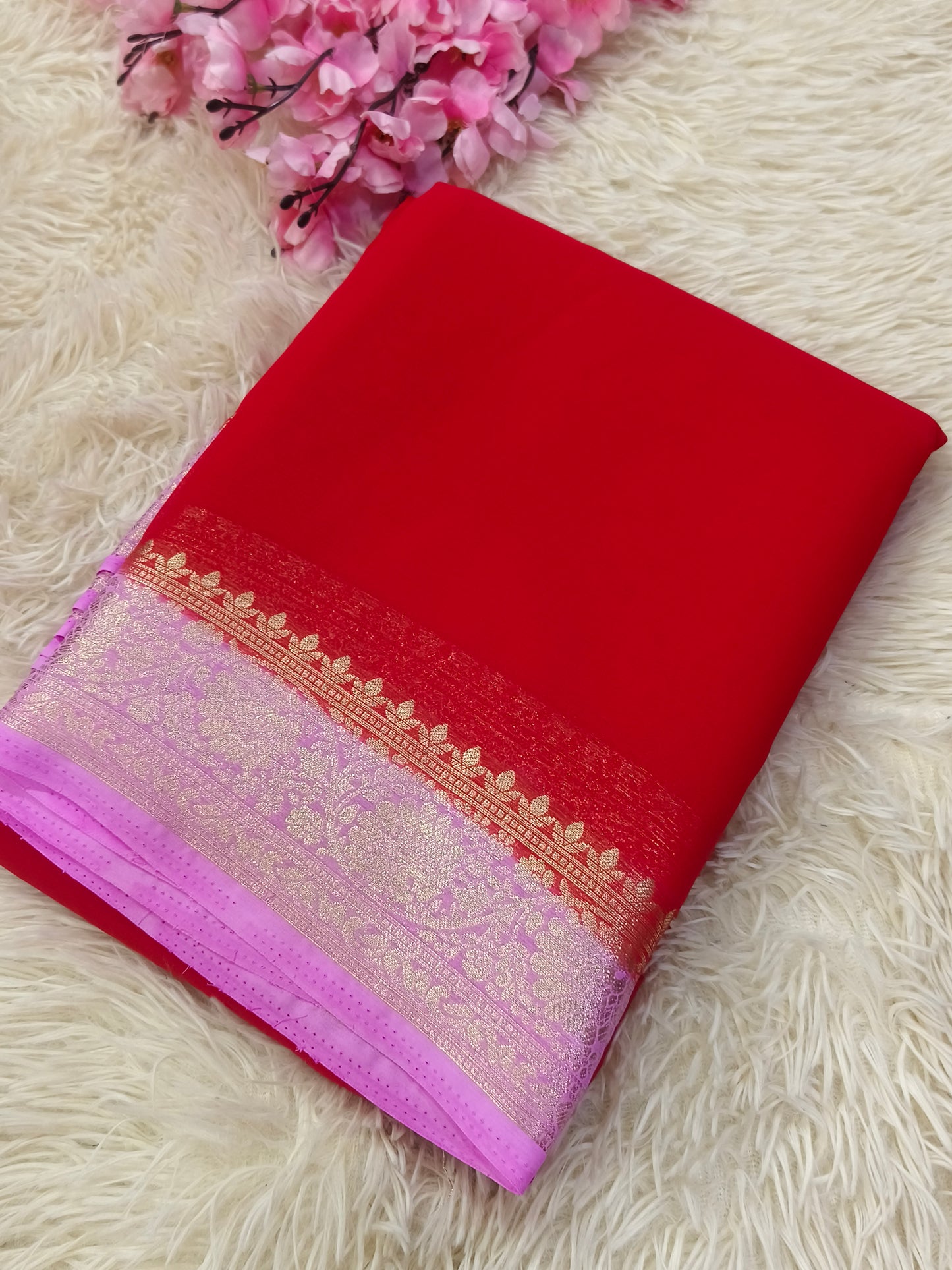 Red with Candy Pink Semi crepe georgette silk saree
