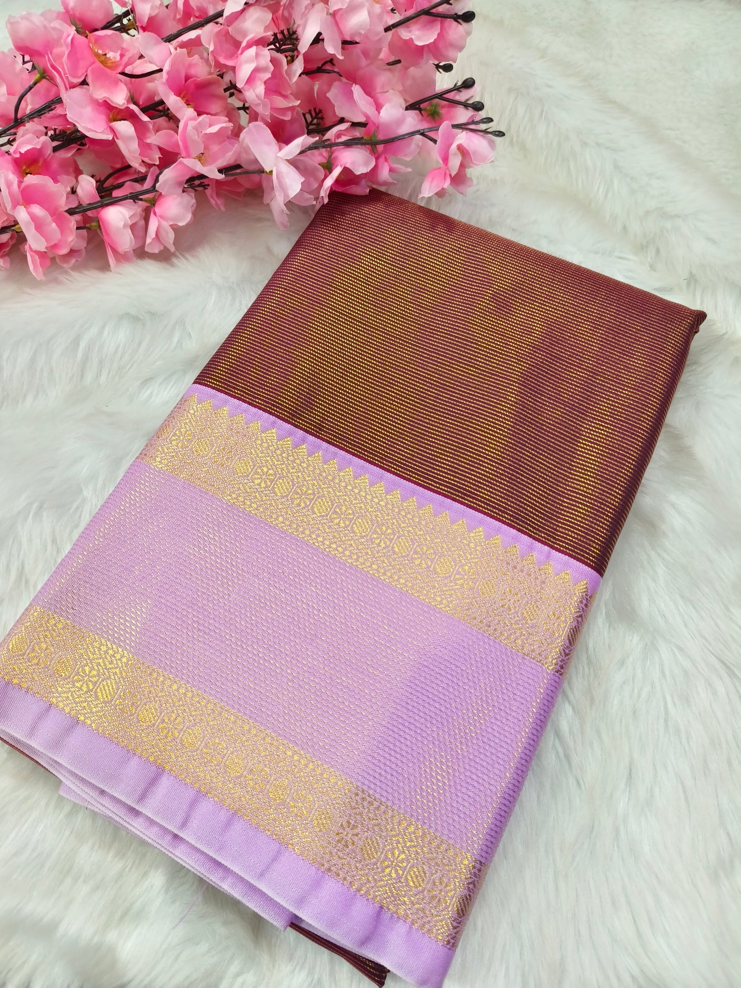 Wine with lotus pink kanjivaram silk saree
