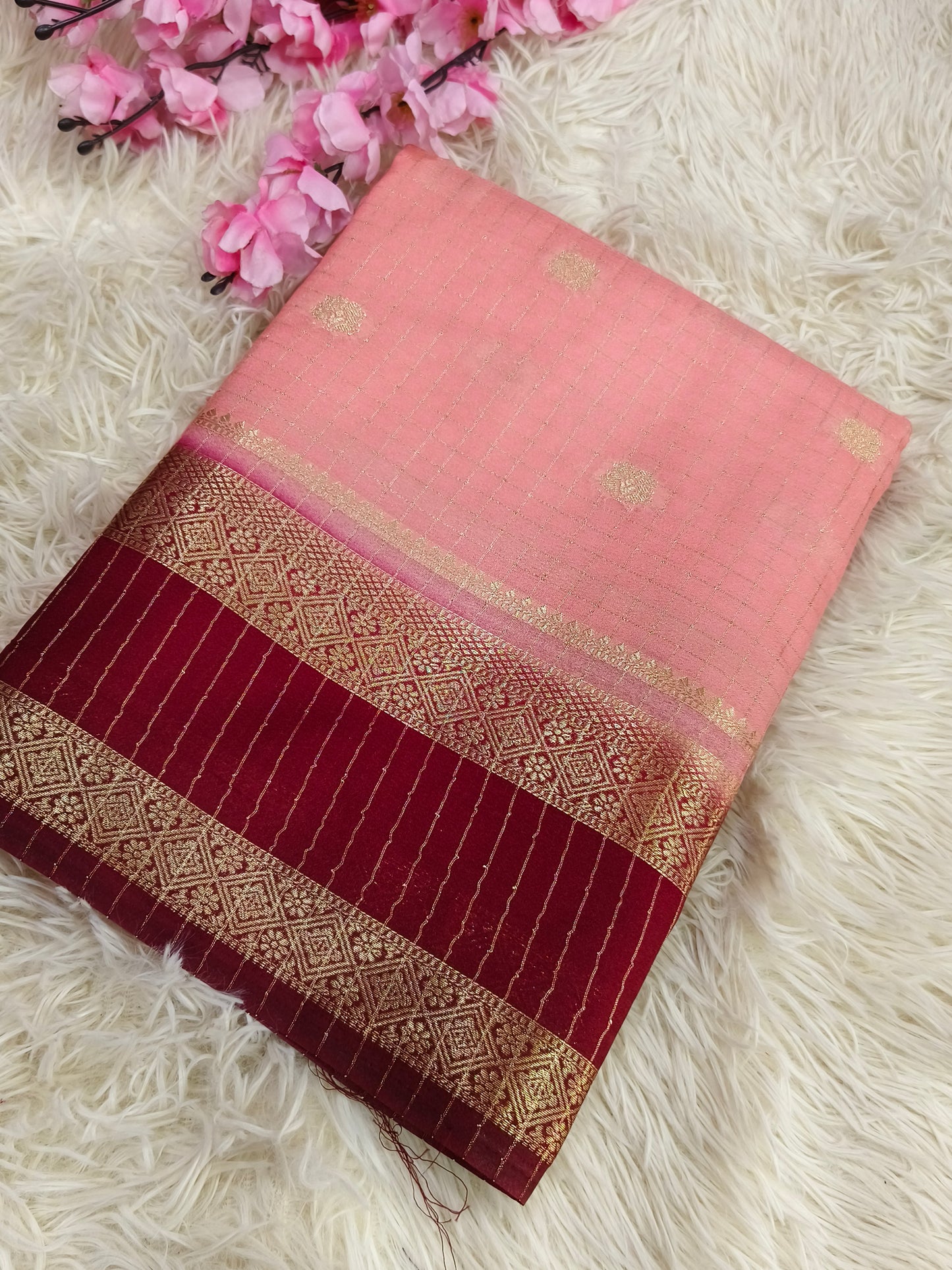 Peach With Wine semi Mysore crepe Silk saree