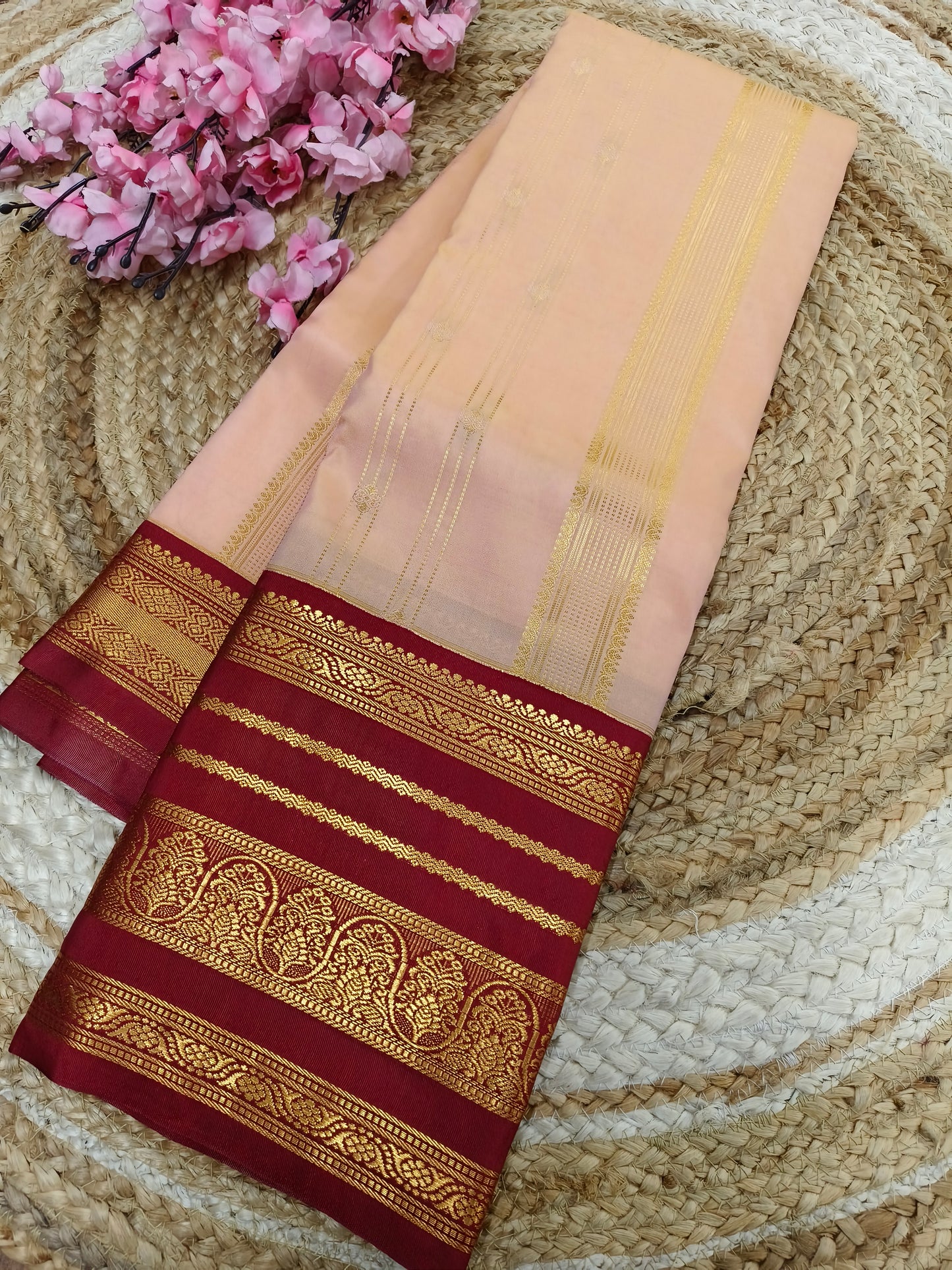 Cream with maroon Elegant soft semi kanjivaram silk saree