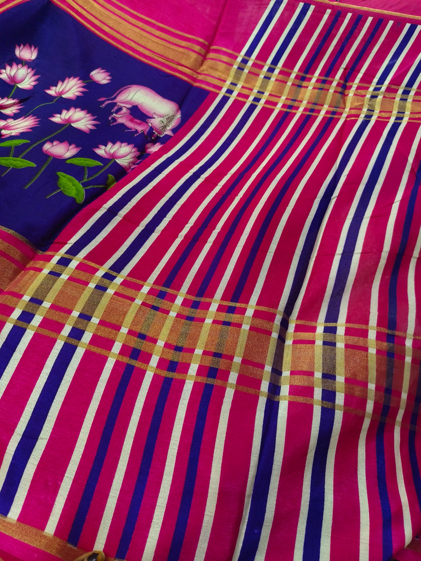 Pink with Blue 2D Linen cotton saree