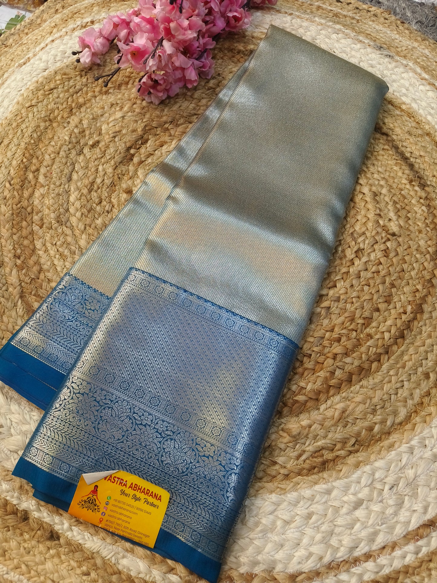 Silver grey with blue kanjivaram silk saree