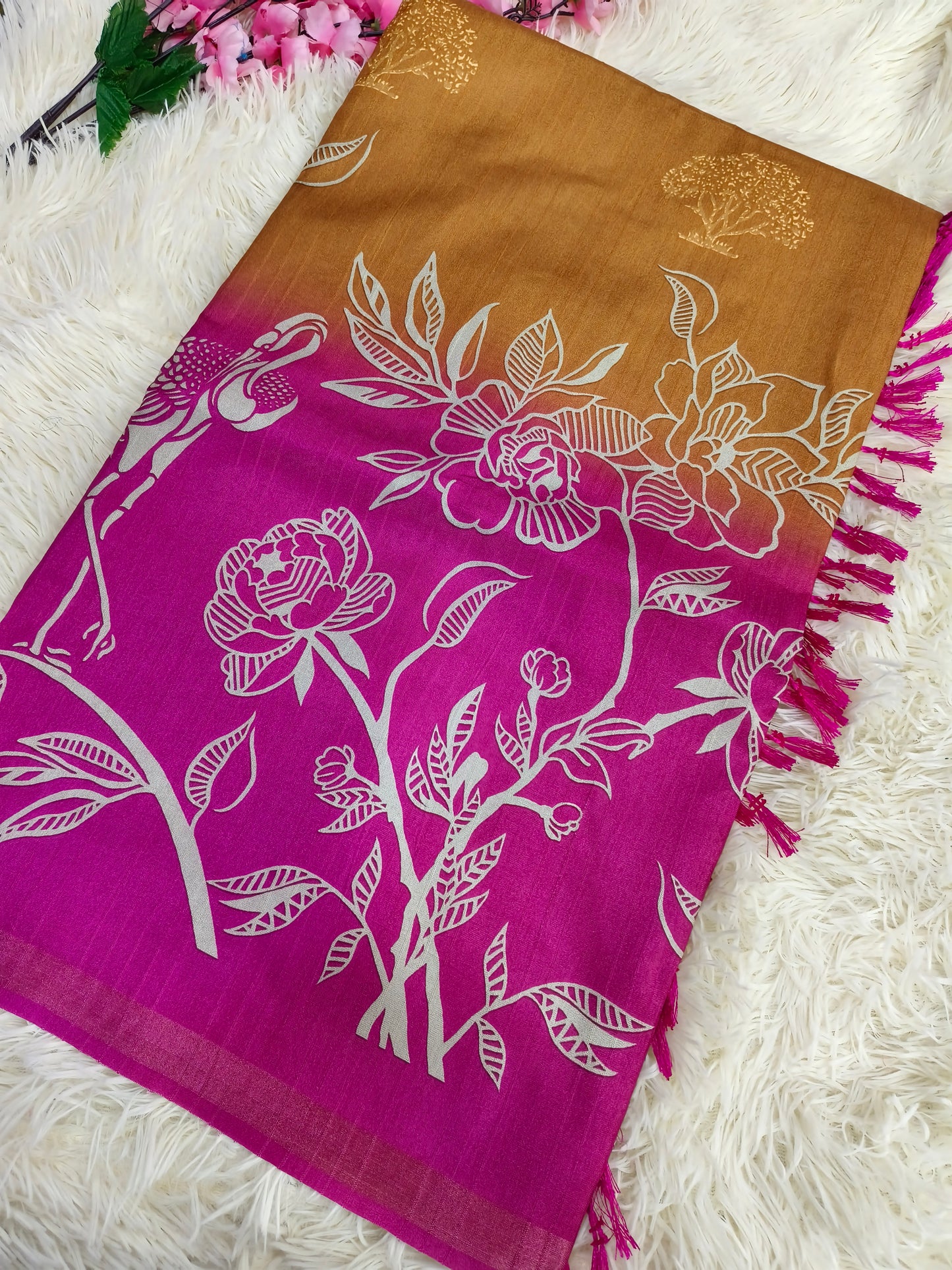 Yellow with Pink Tussar silk saree