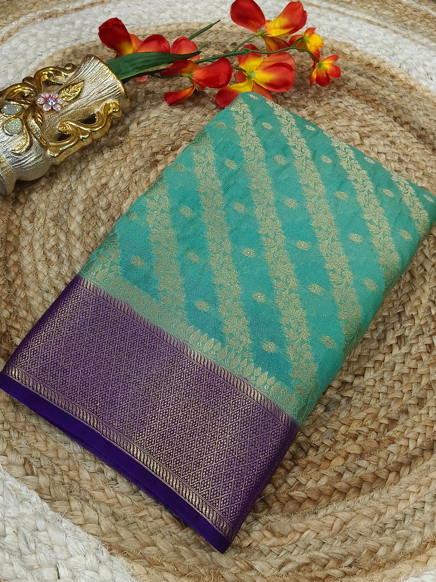 Mint Blue with Purple Banarasi Georgette silk saree
