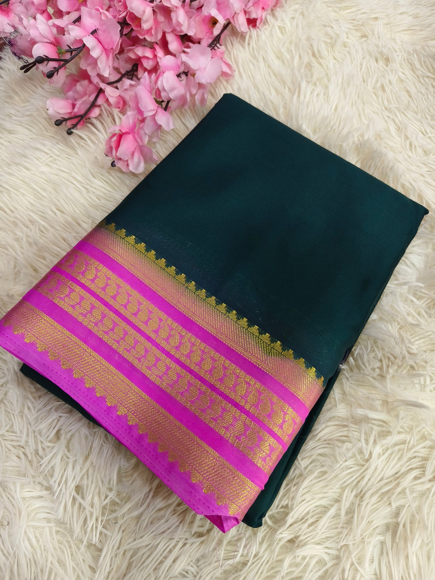 Bottle Green with Baby Pink semi Mysore crepe silk
