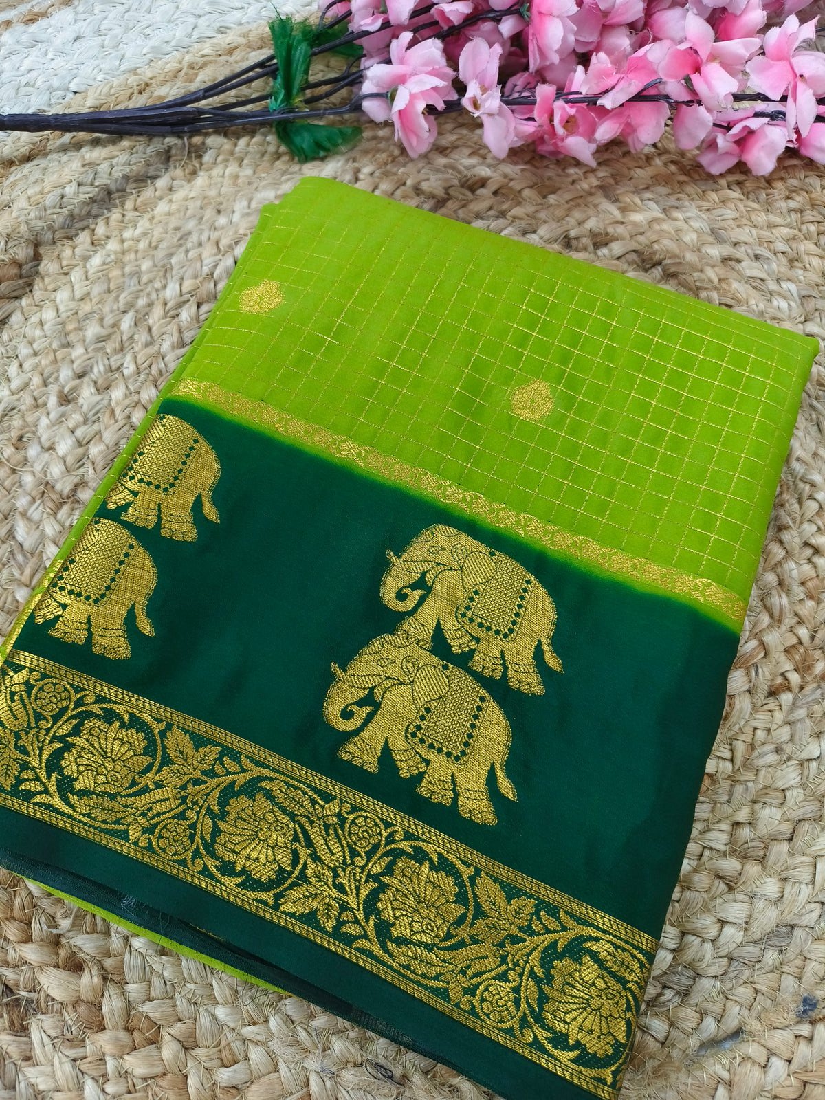 Parrot green with green Semi Mysore silk saree