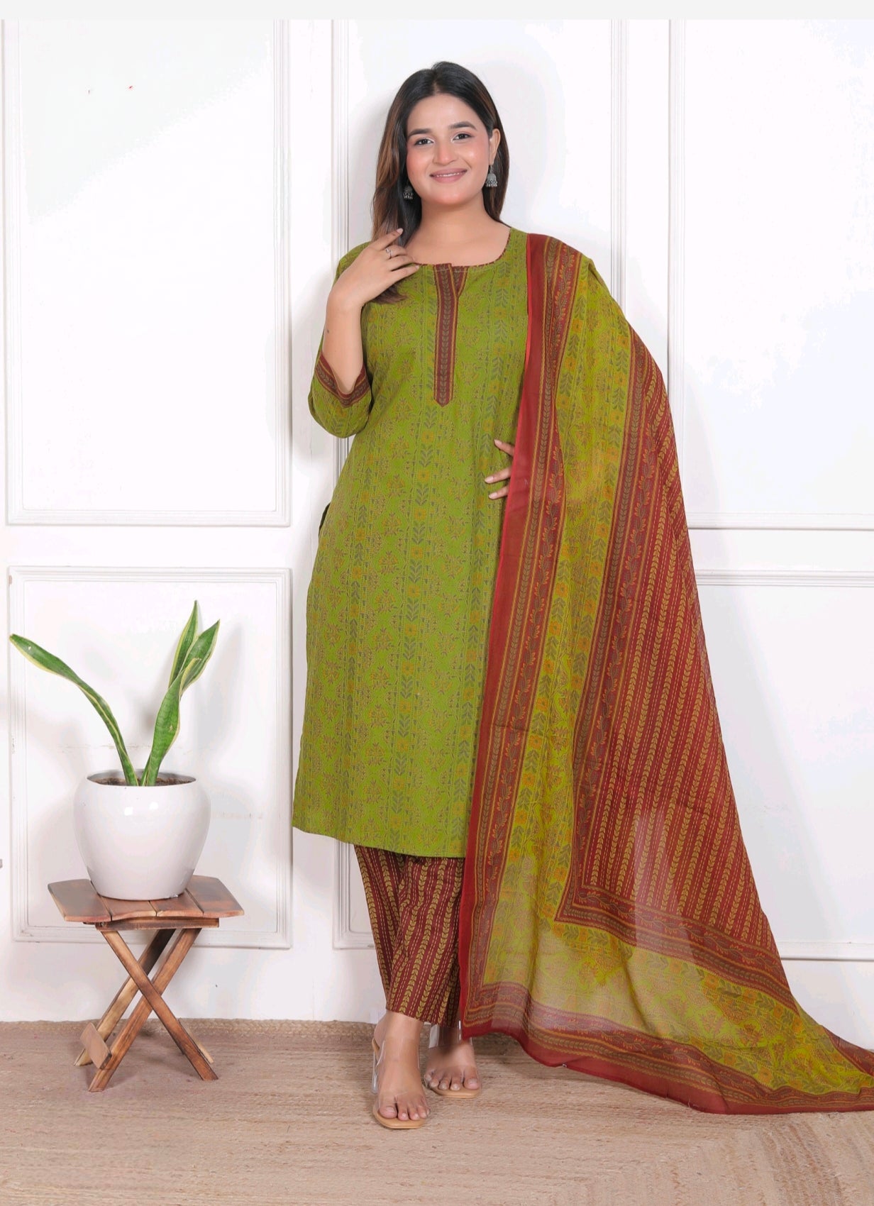 Green with maroon Pure Cotton Suit