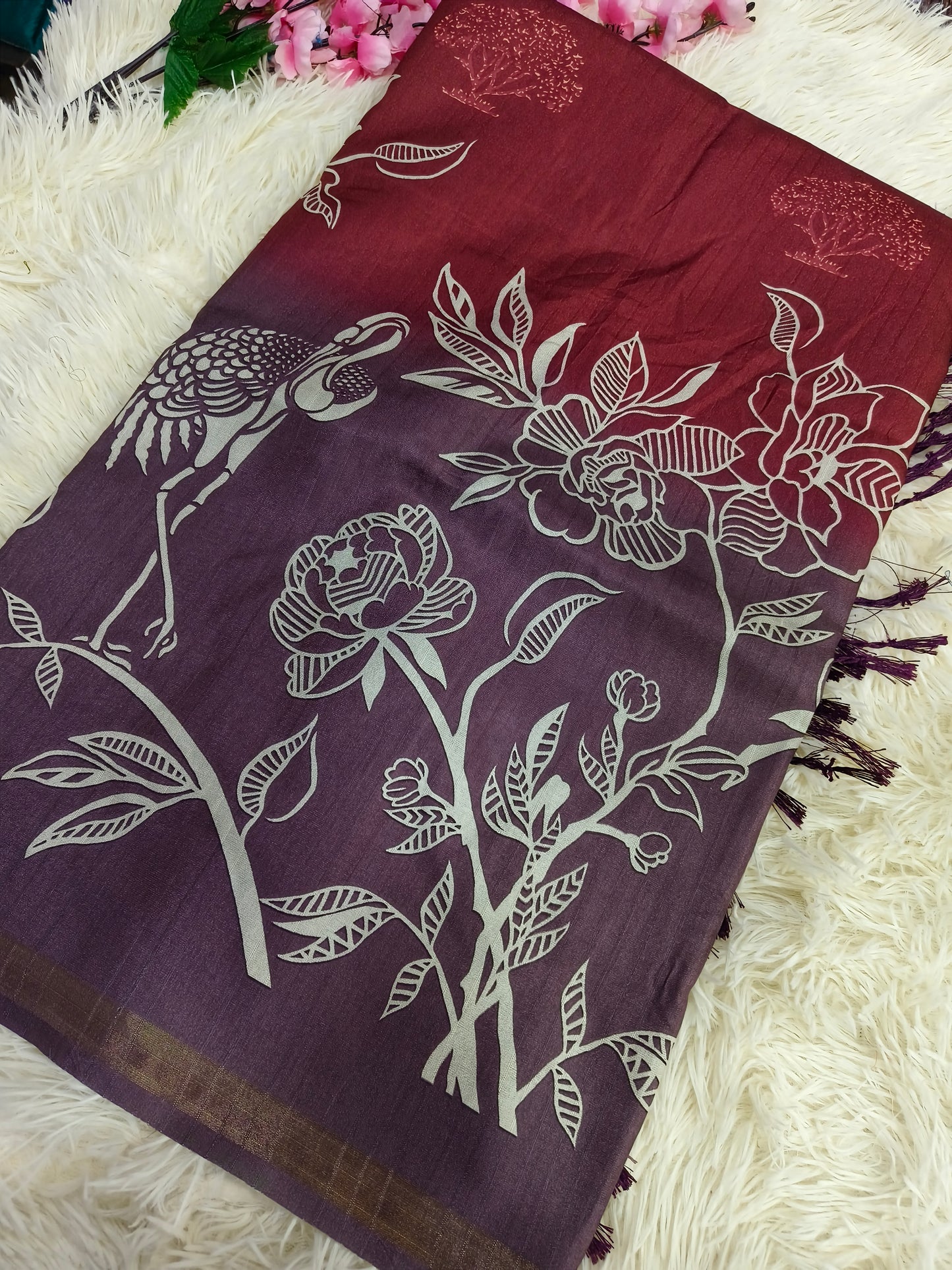 Marron With wine Tussar silk saree