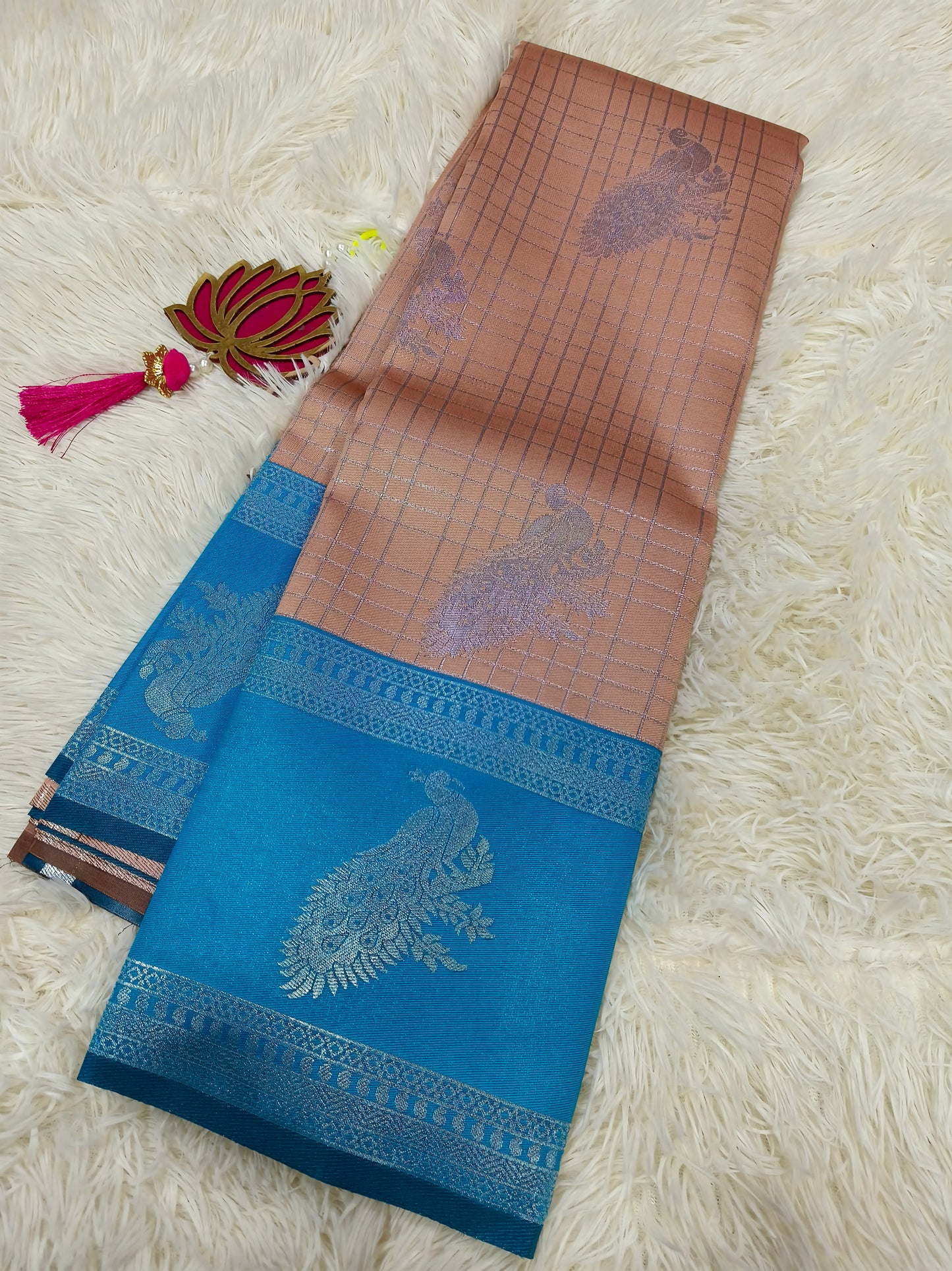 Pastel orange with aquablue Mercidised silk saree