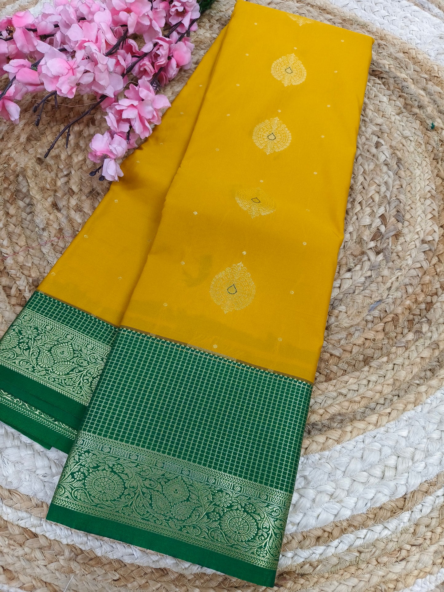 Yellow with bottle green Elegant semi kanjivaram silk saree
