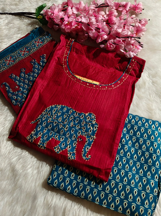 Red with blue Aarvi pure cotton suit