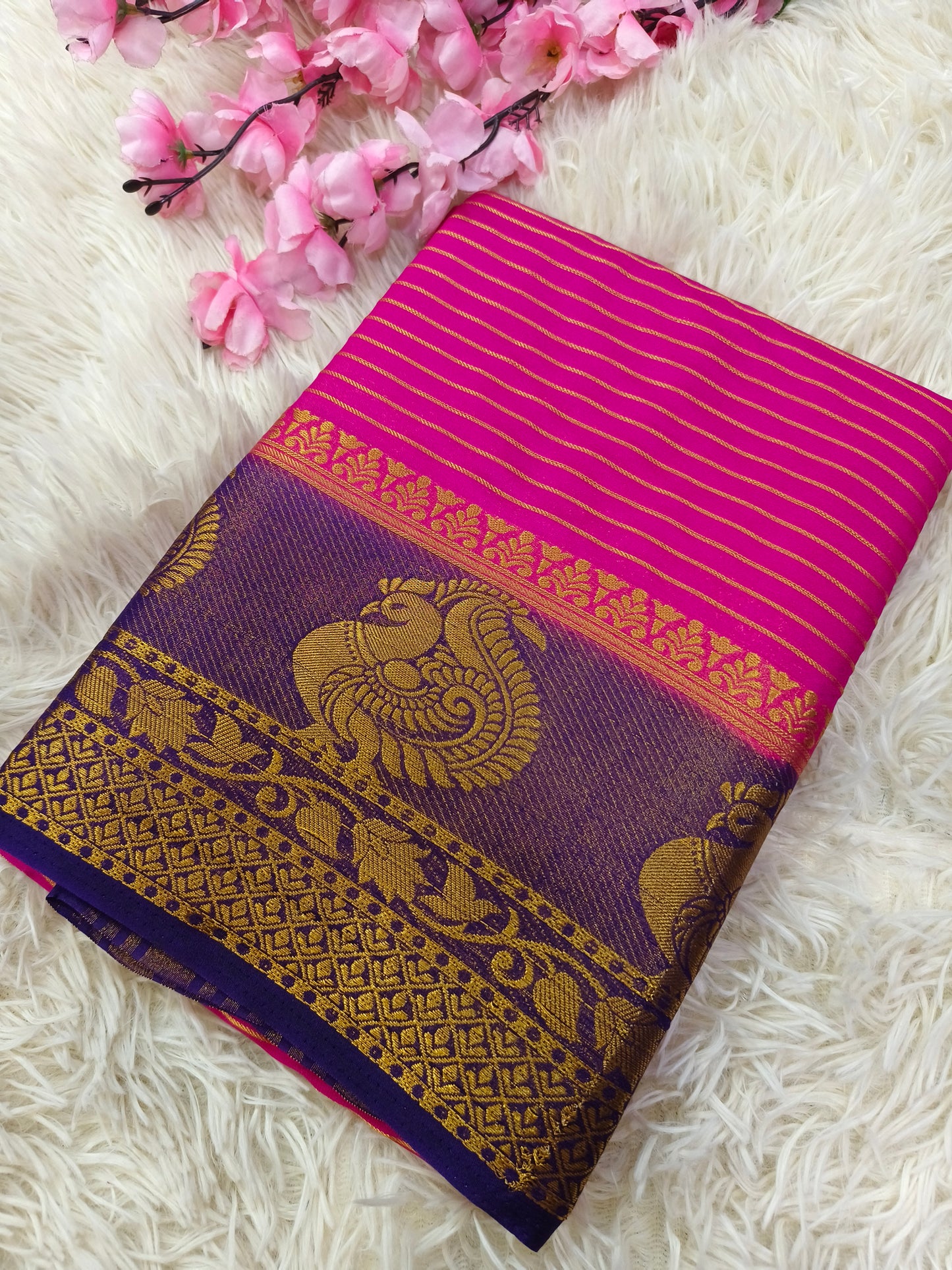 Pink With purple semi Mysore crepe silk
