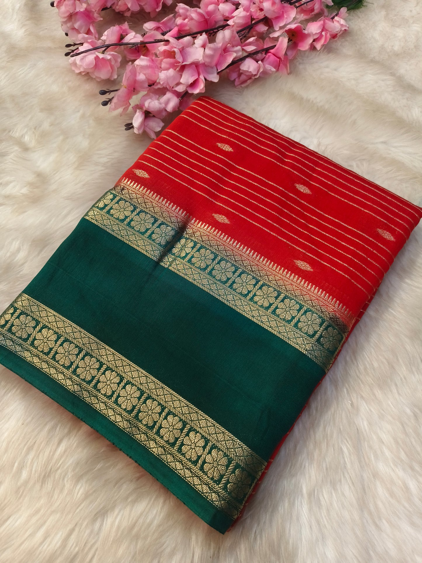 Red With Green Assam silk saree