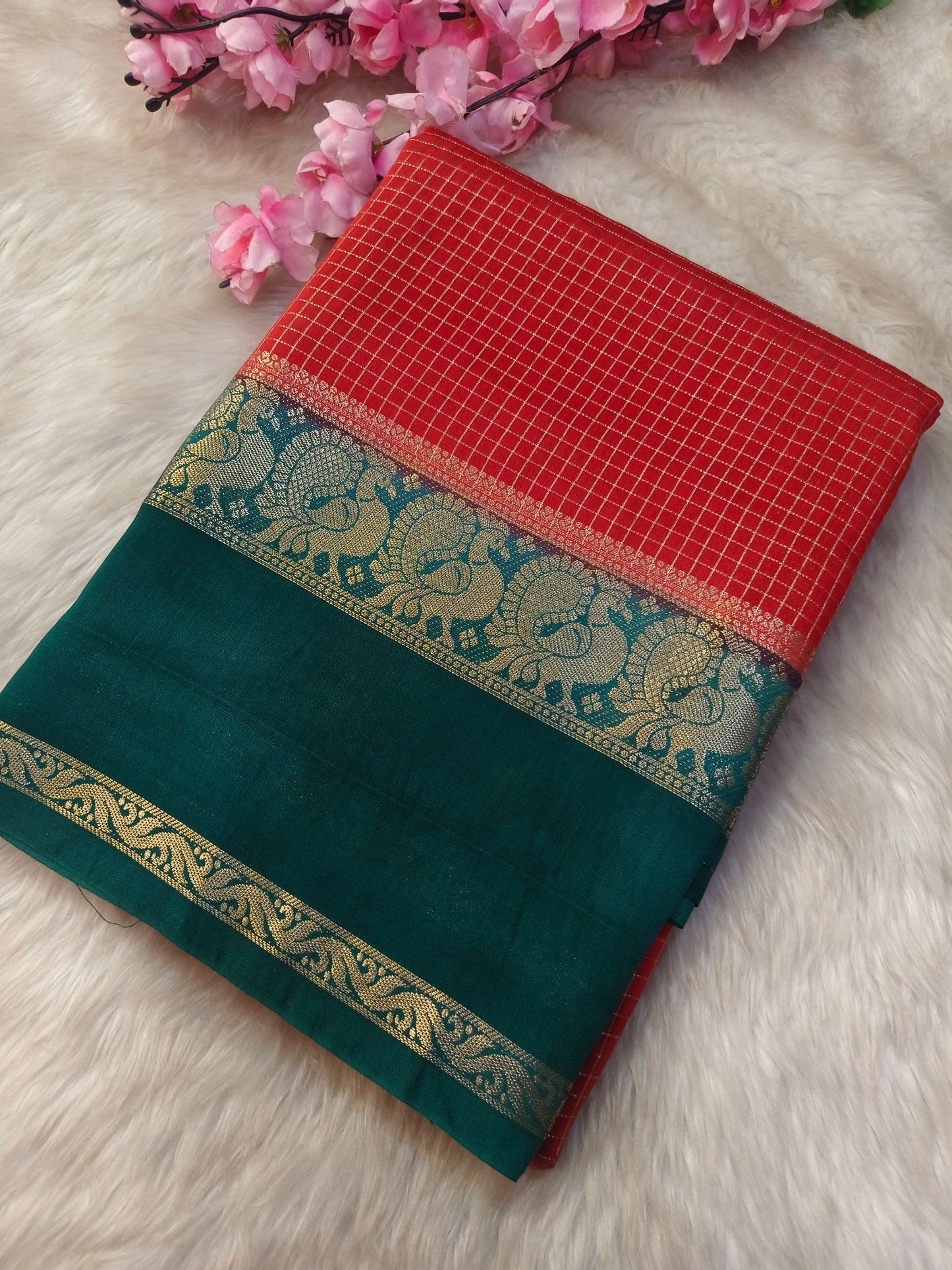 Red with Green Assam silk saree