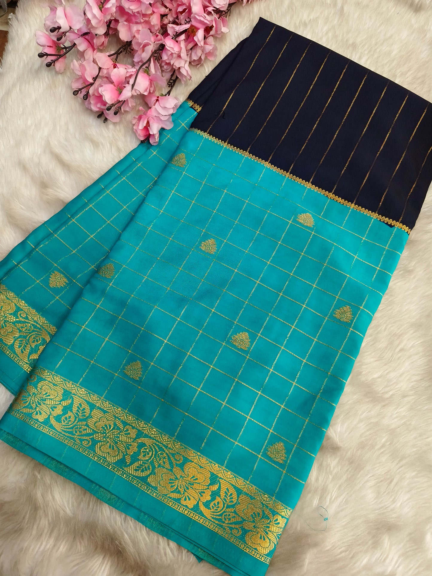 Navy Blue With Blue semi Mysore crepe silk saree