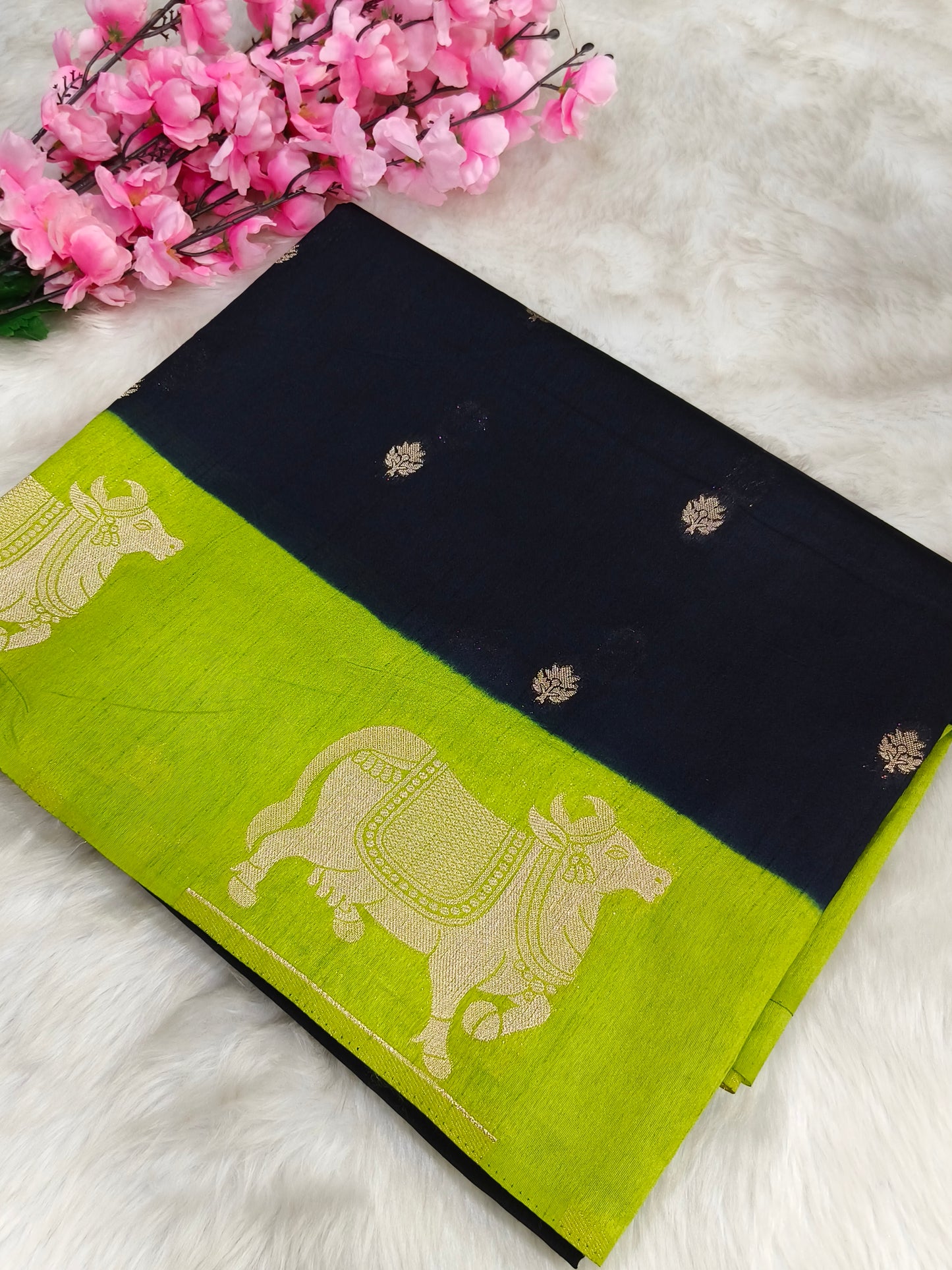 Black with Green silk blend saree