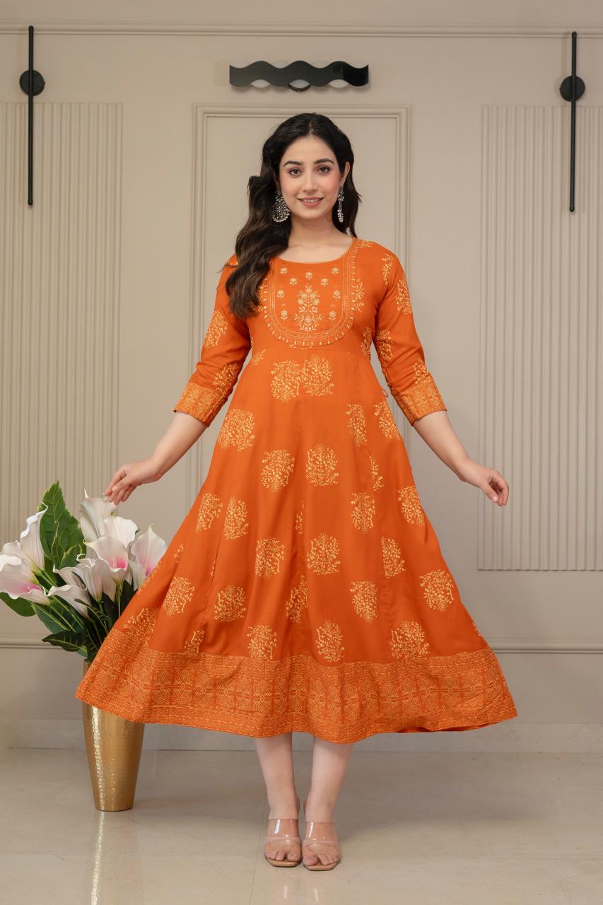 Orange Cotton Anarkali Top
