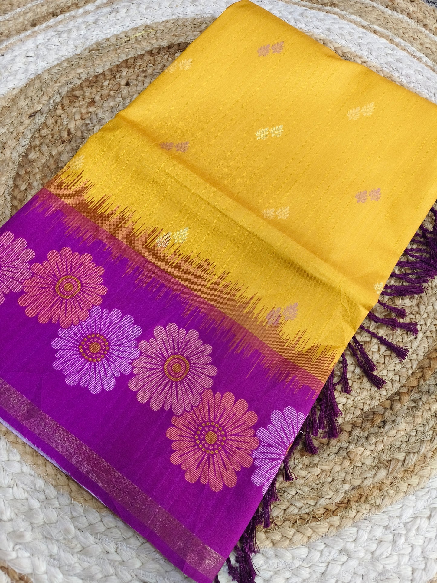 Yellow with purple Tussar silk saree