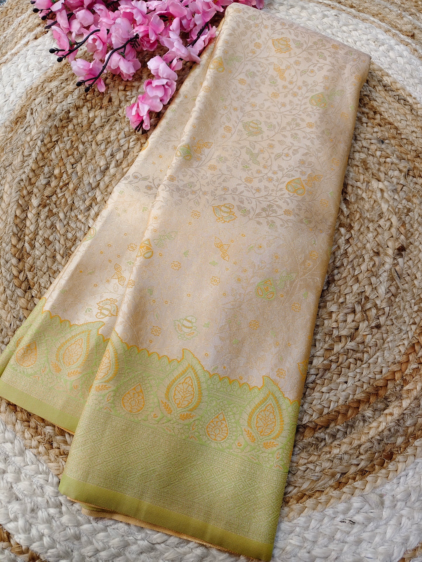 Cream With Green Soft satin Silk saree