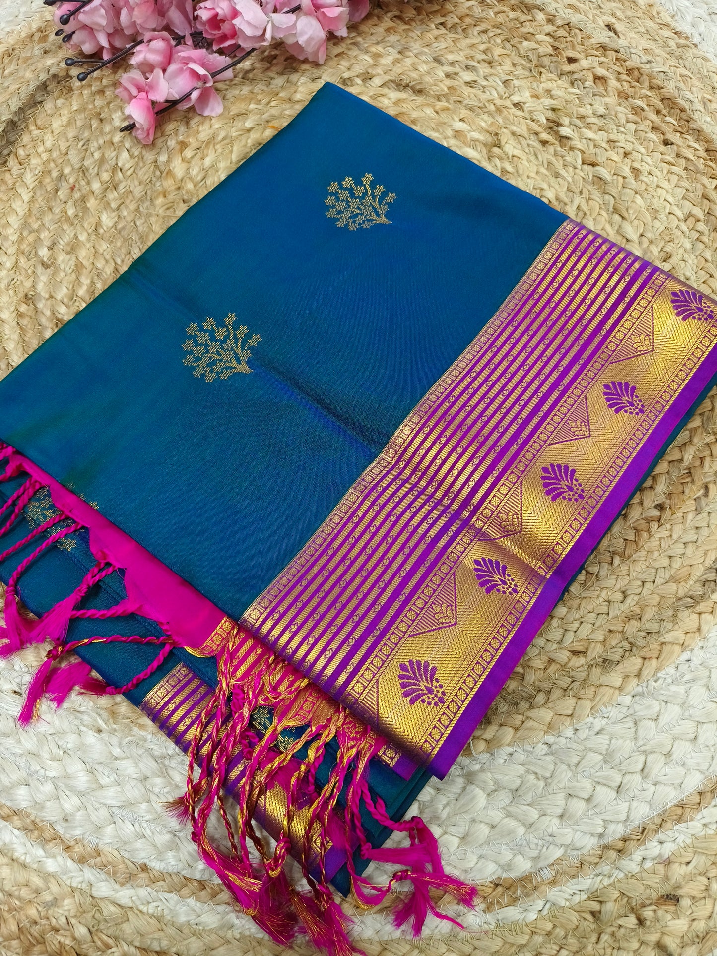 Blue with Pink Elegant soft semi kanjivaram silk saree