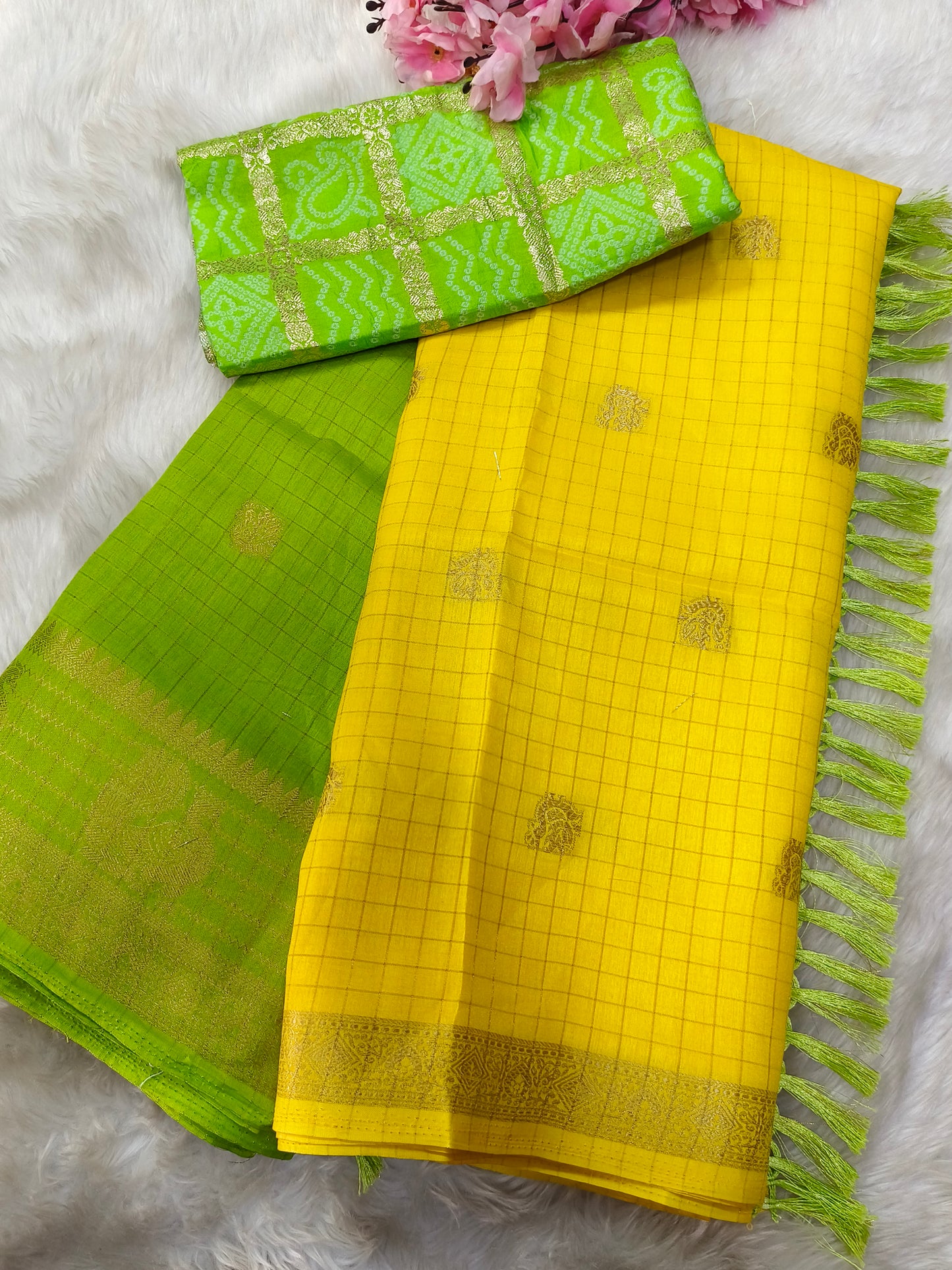 Green With Yellow Linen silk saree