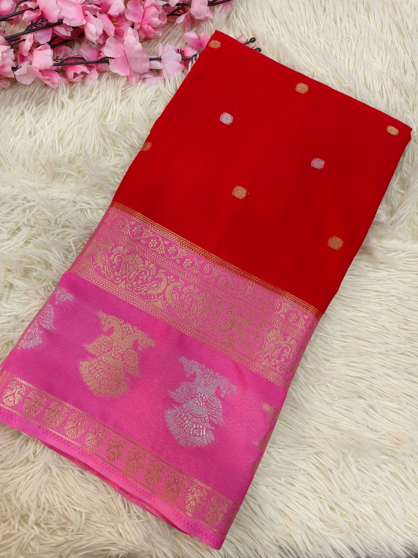 DN-1 Red With Pink Semi Mysore crepe silk saree