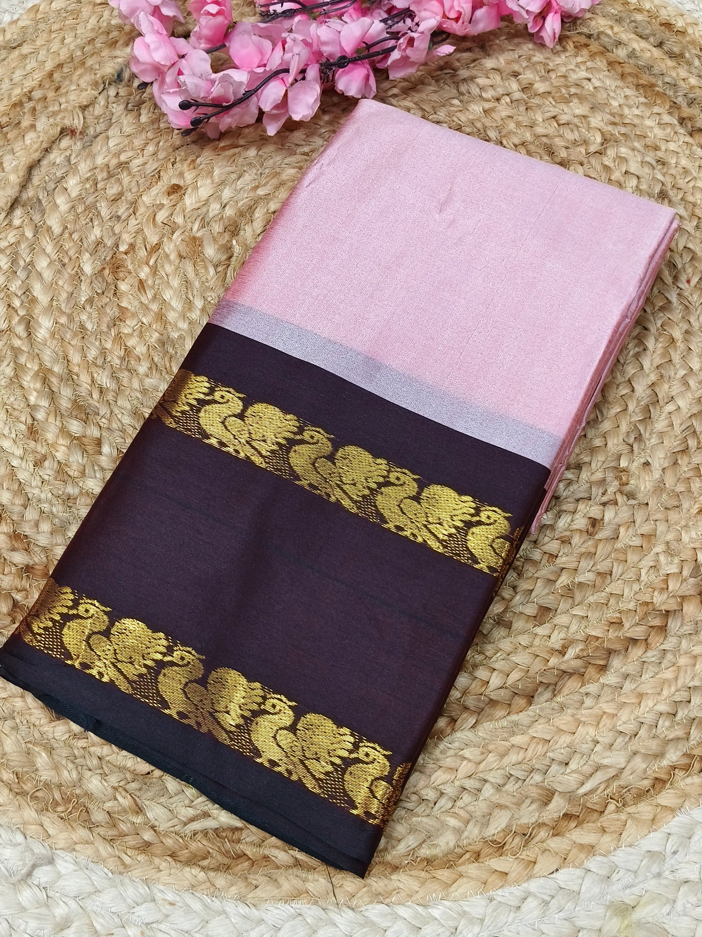 Light Pink With Brown Gadwal Semi silk saree