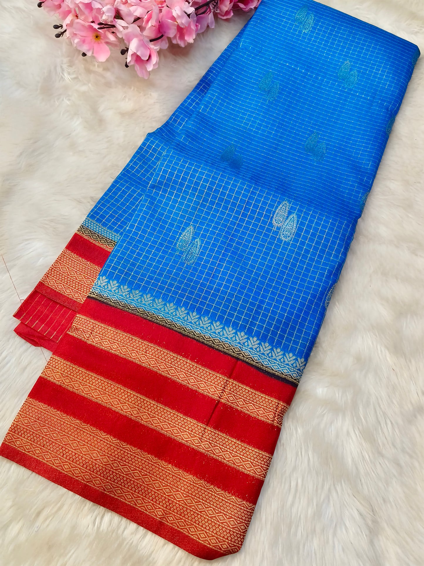 Blue with Red Green semi Mysore silk saree