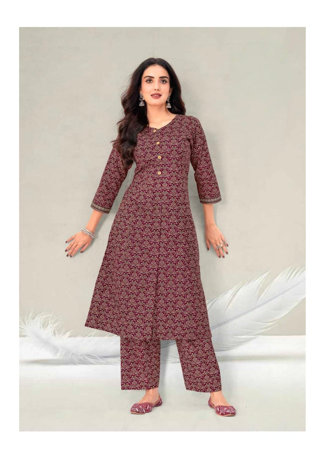 Wine Elegant Printed Cotton Kurta Set