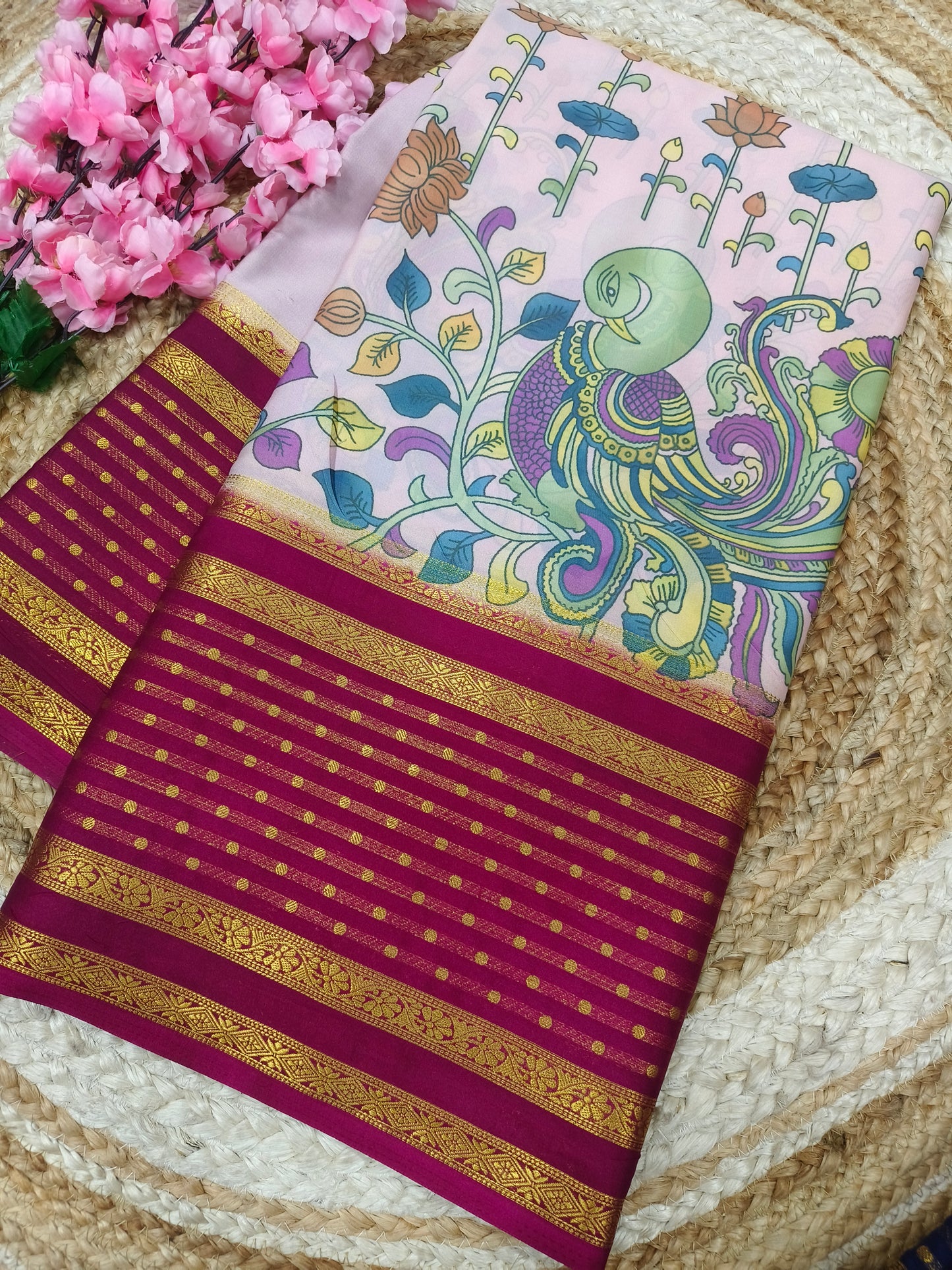 Wine Digital peacock printed semi Mysore crepe silk saree