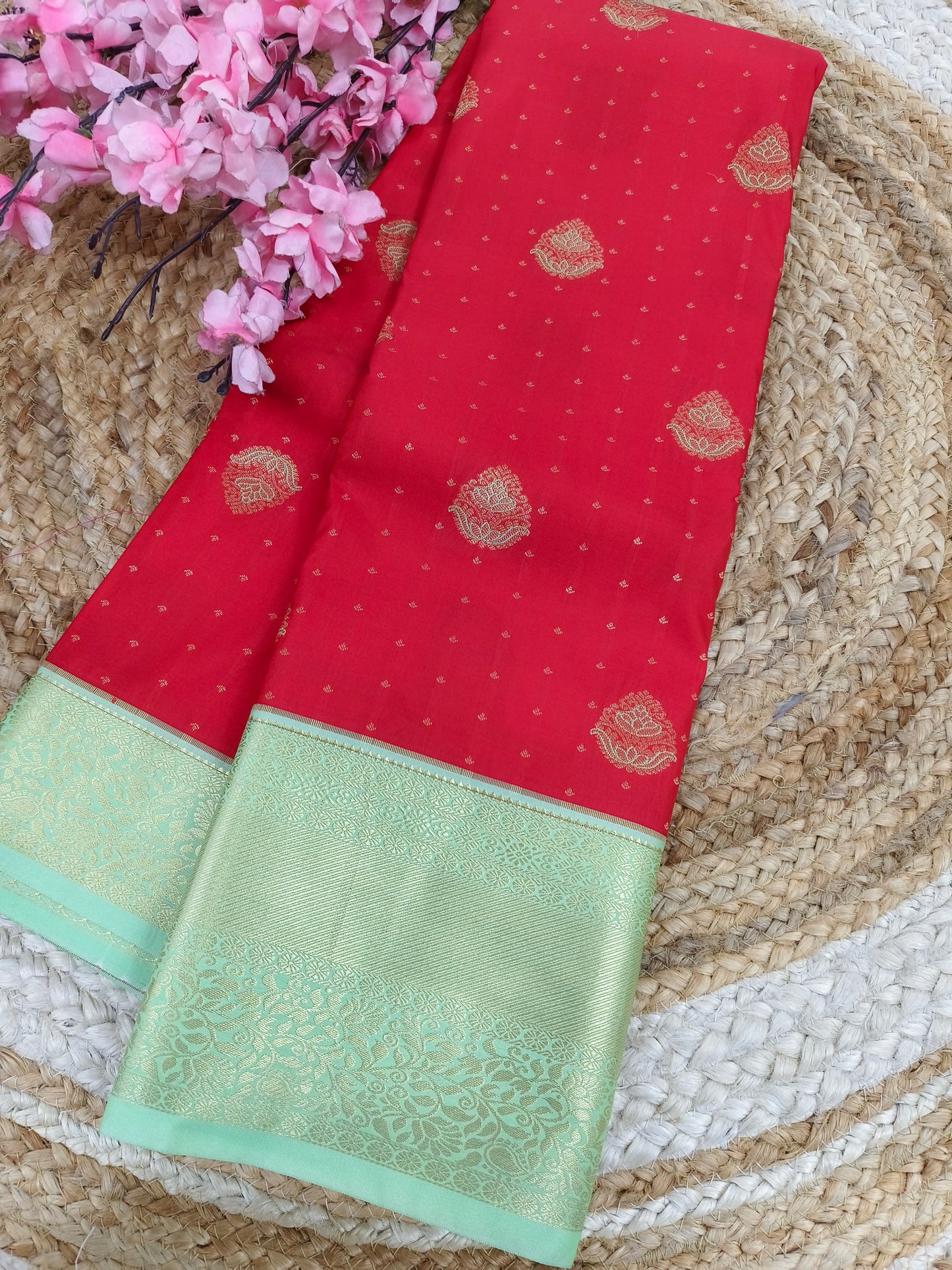 Red with light green Elegant semi kanjivaram silk saree