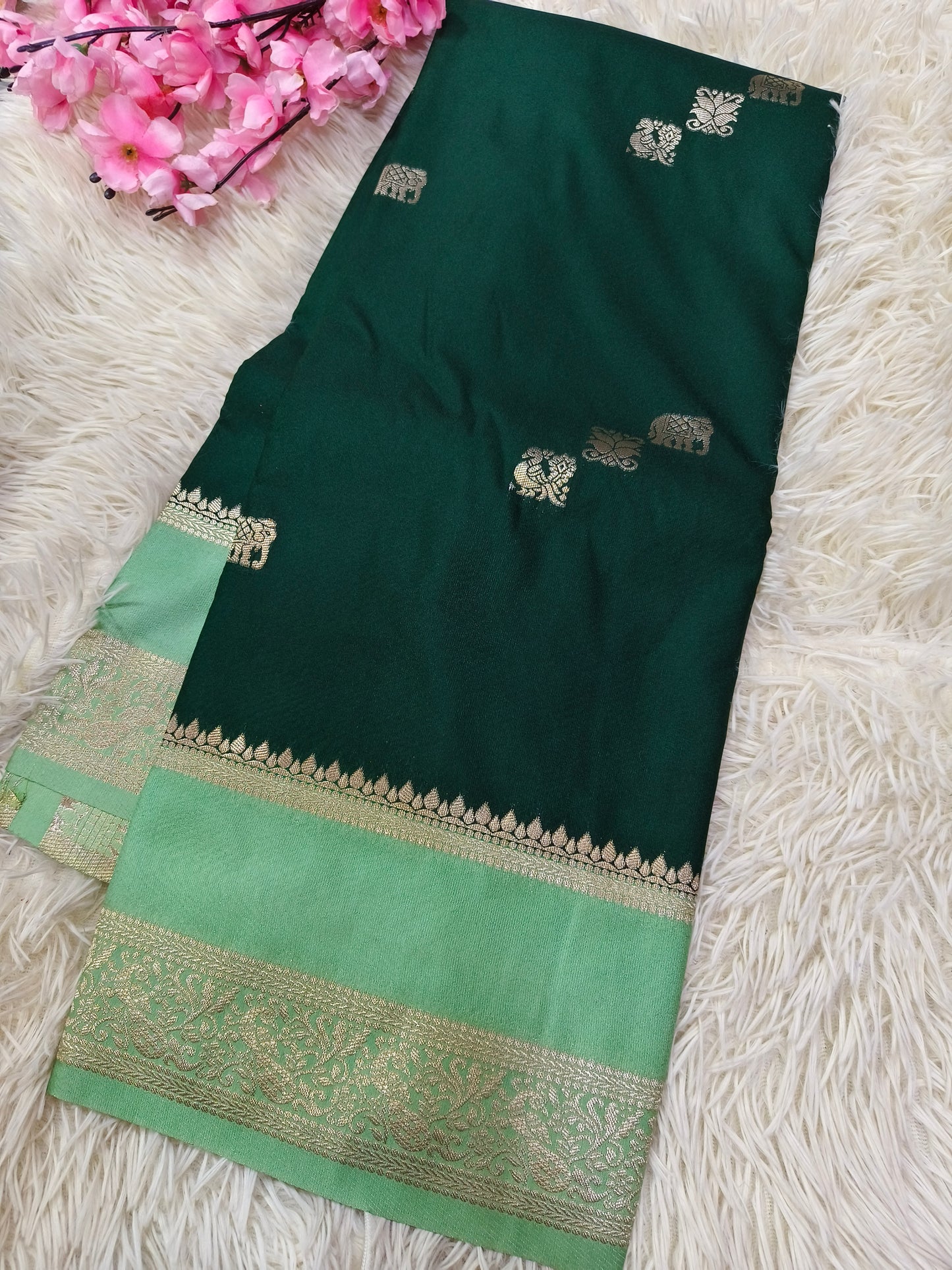 Bottle green with Light Green Semi Mysore silk saree
