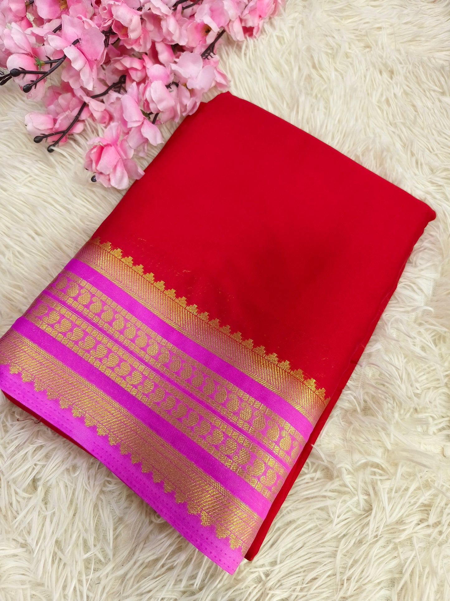 Red with Rose Pink semi Mysore crepe silk