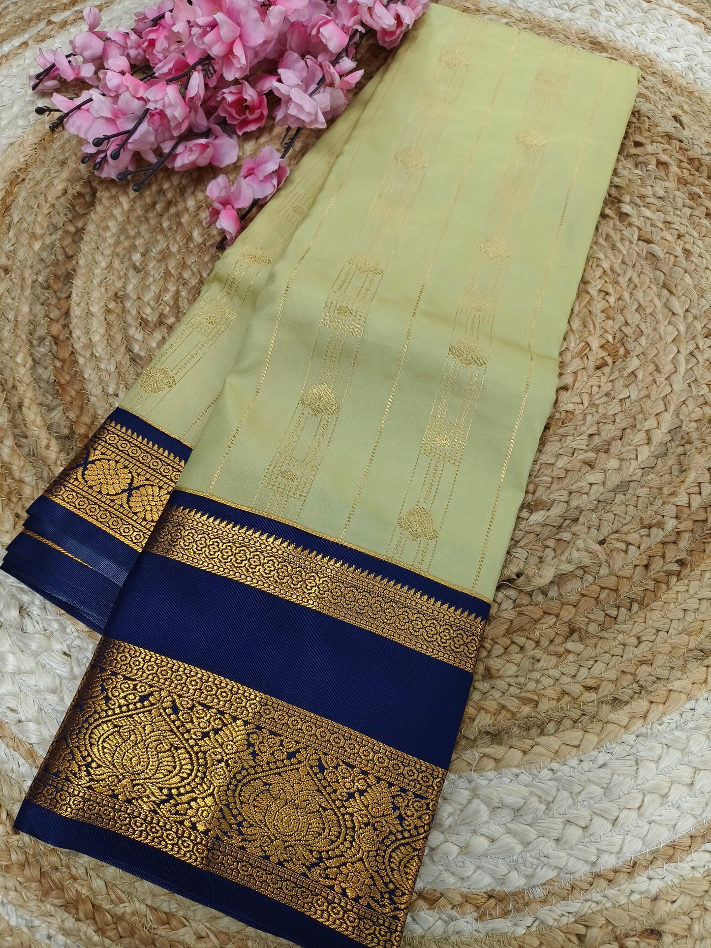 Cream with navy blue Elegant soft semi kanjivaram silk saree