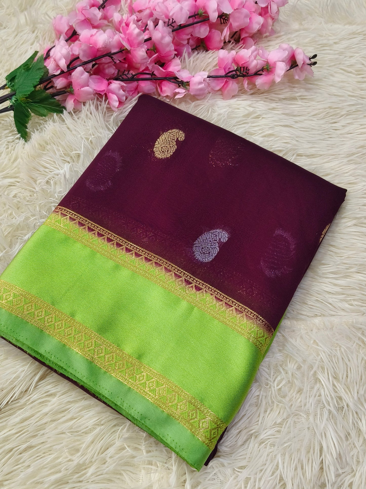 Wine With Green Semi Mysore silk saree