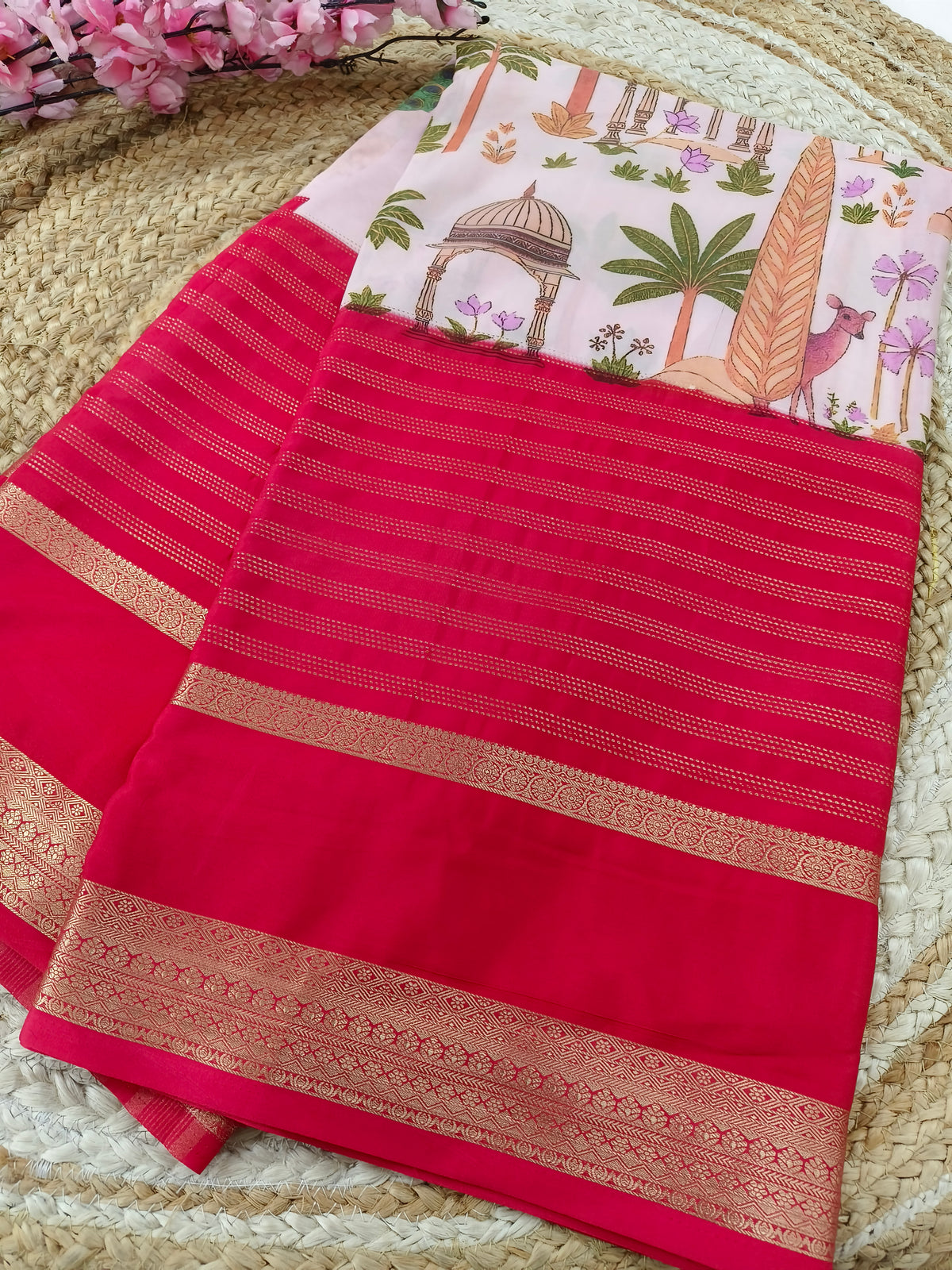 Cream with pink Semi Mysore silk saree