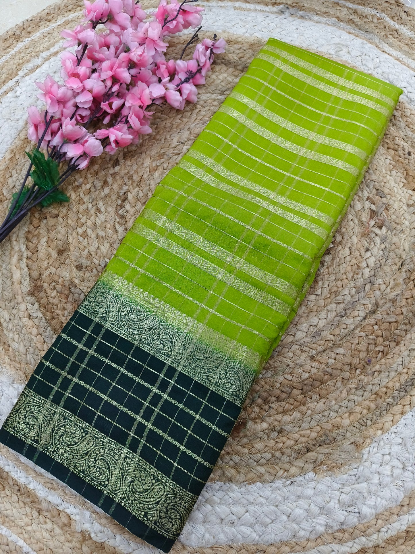 Leaf green with bottle green botcrepe Georgette saree