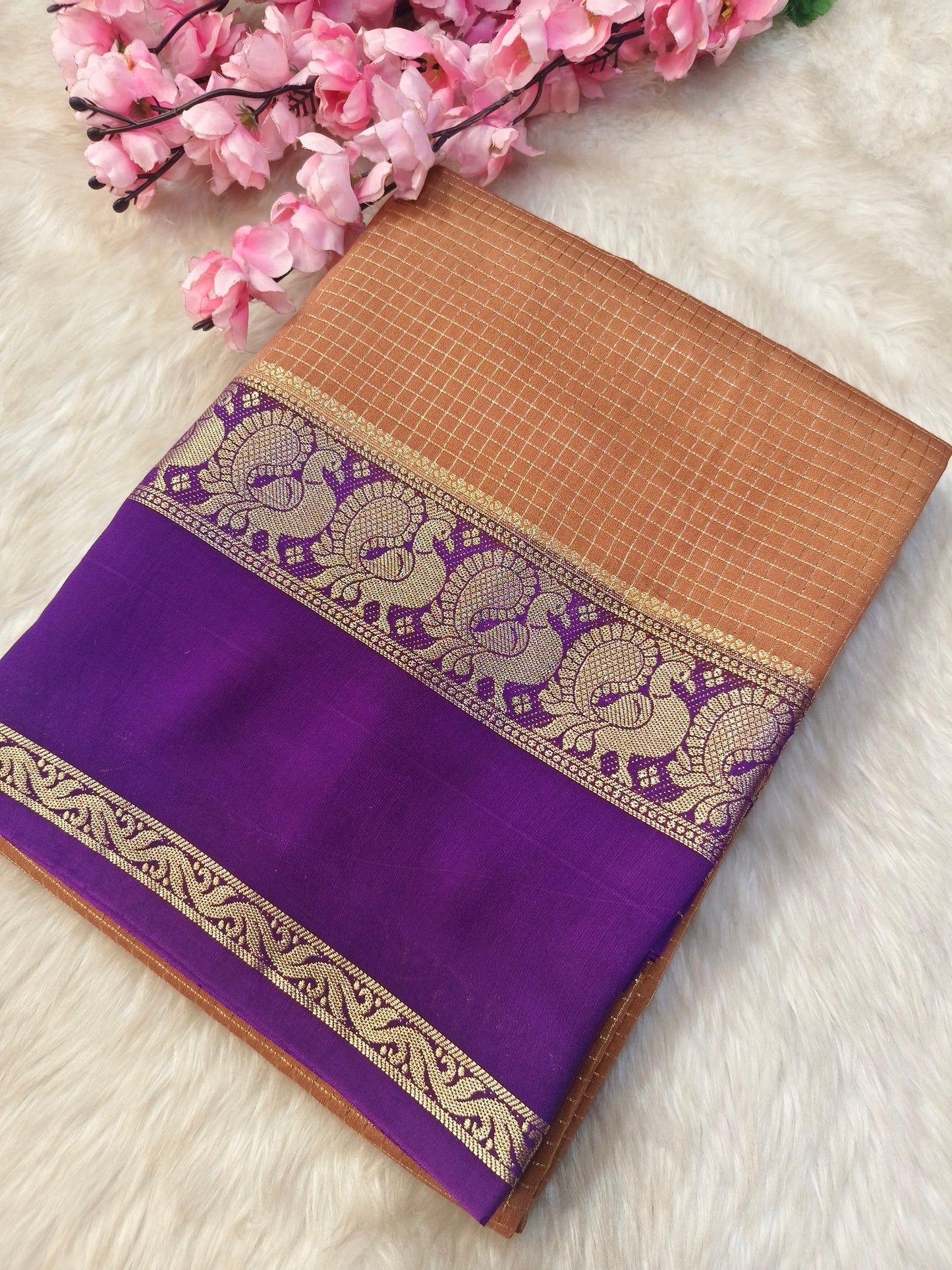 Peach with purple Assam silk saree