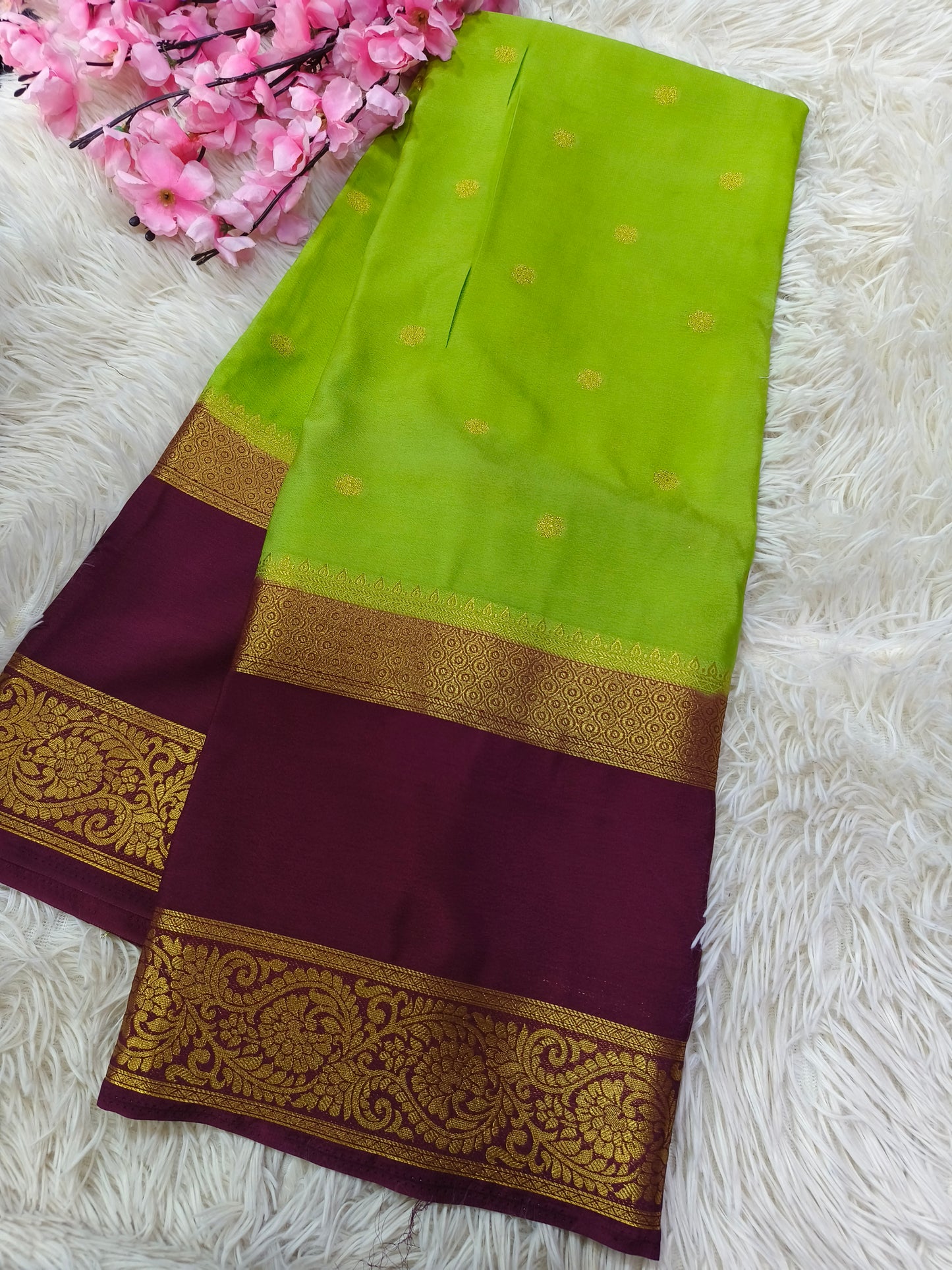 Parrot green with wine Semi Mysore crepe silk saree