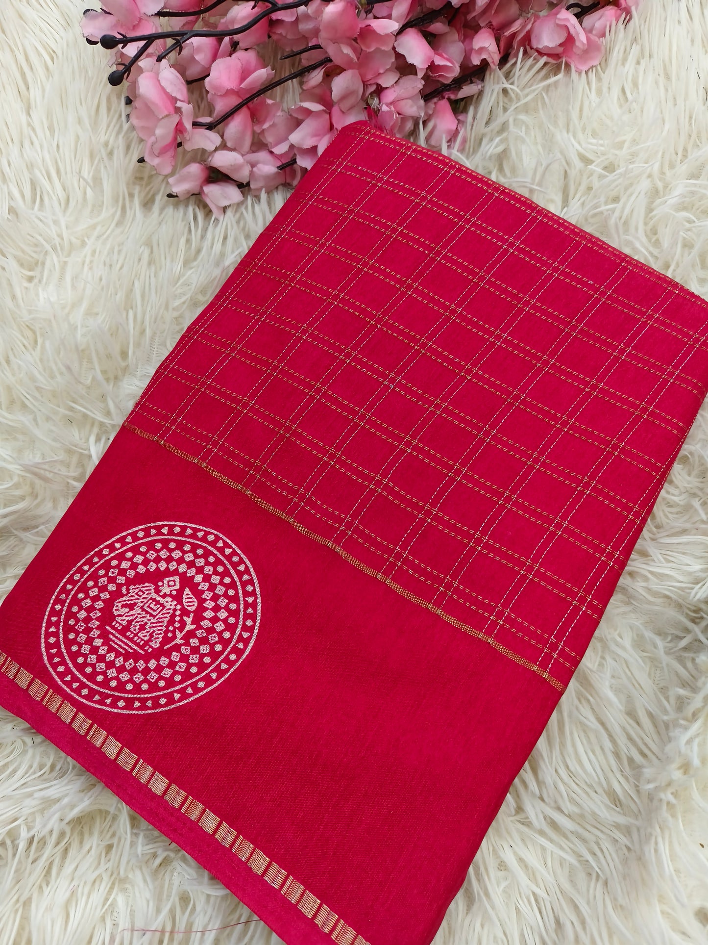 Dark Pink saree with zari chex