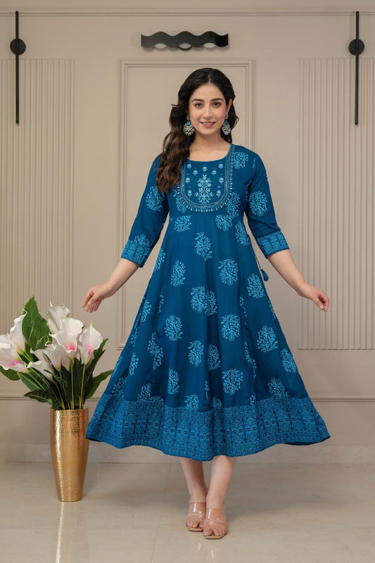 Teal Blue Cotton Anarkali Top